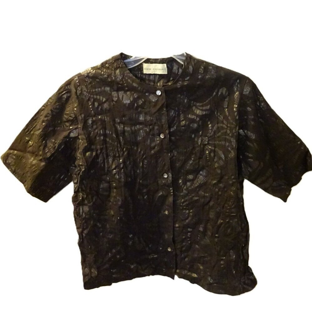 Alex‎ Coleman Top Vintage Rare Print Collarless Button Front